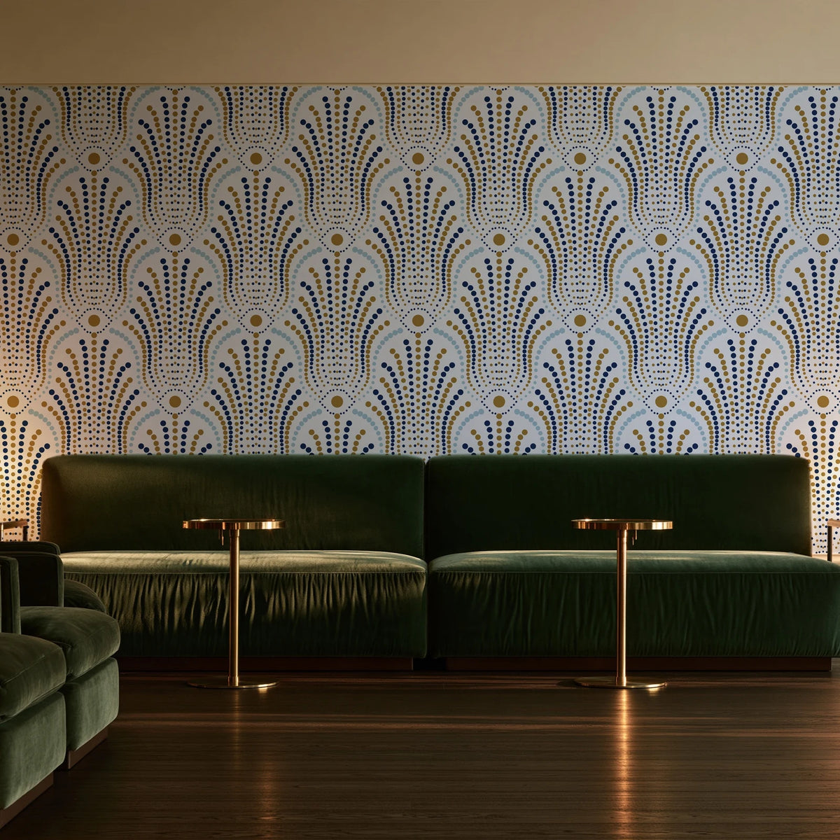 Starlit Swirl Pearl dotted art deco fan wallpaper in an intimate luxury cocktail lounge