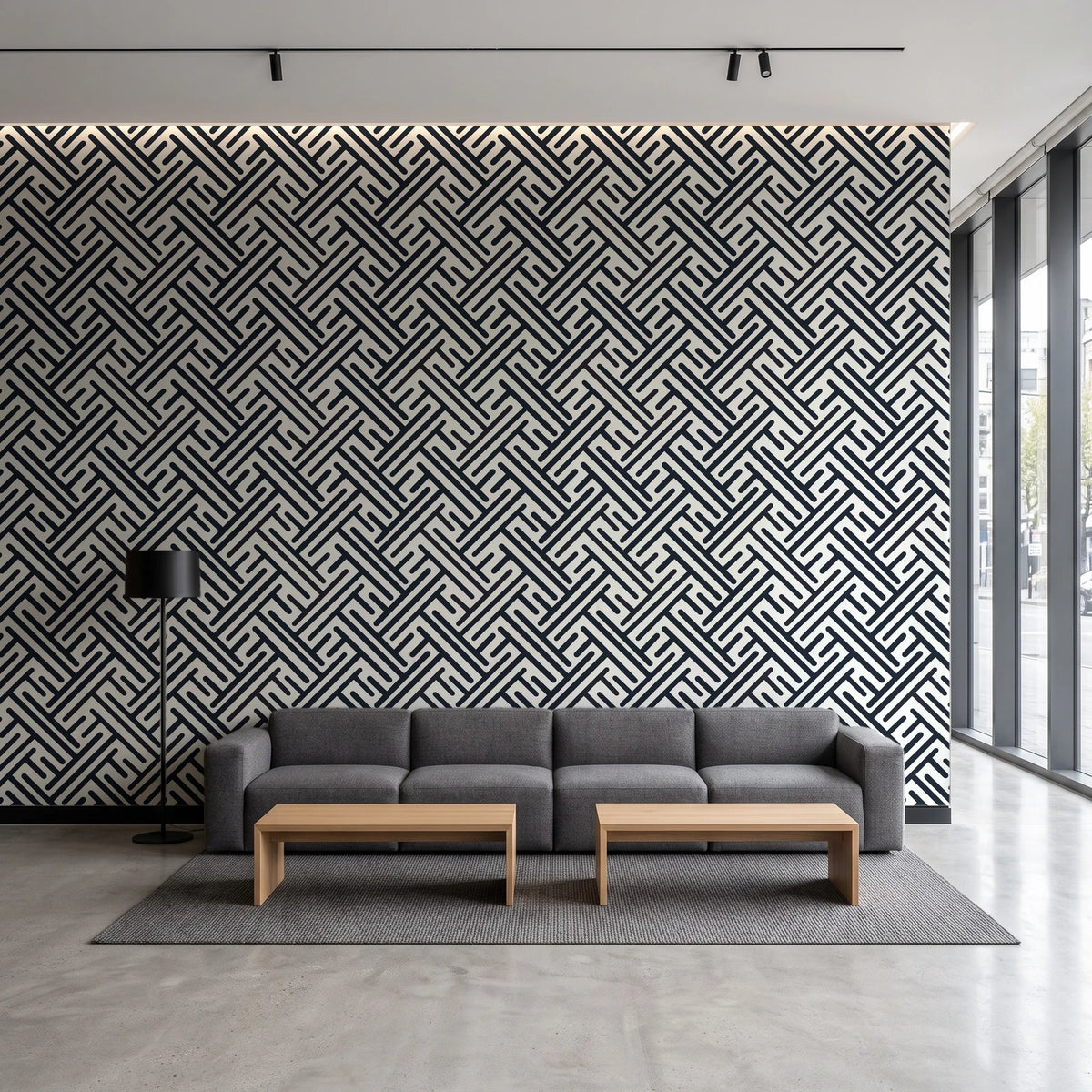 Still Labyrinth Ink maze geometric wallpaper in a contemporary commercial office lobby