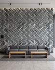 Still Labyrinth Ink maze geometric wallpaper in a contemporary commercial office lobby