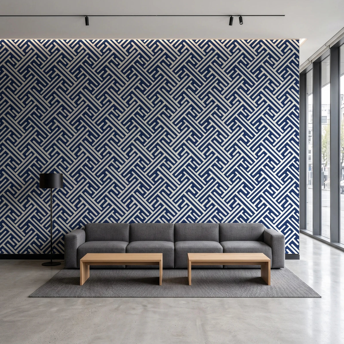 Still Labyrinth Navy maze geometric wallpaper in a contemporary commercial office lobby