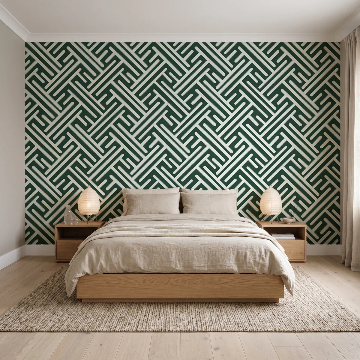 Still Labyrinth Pine maze geometric wallpaper behind a low platform bed in a serene Japandi bedroom