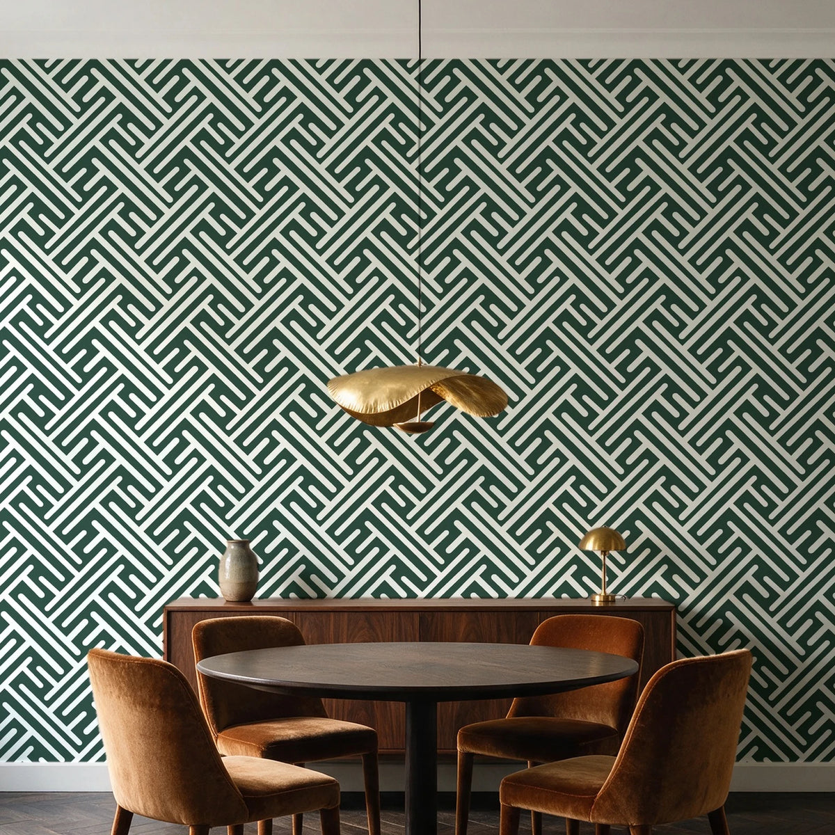 Still Labyrinth Pine maze geometric wallpaper behind a walnut credenza and round table in an elegant dining room