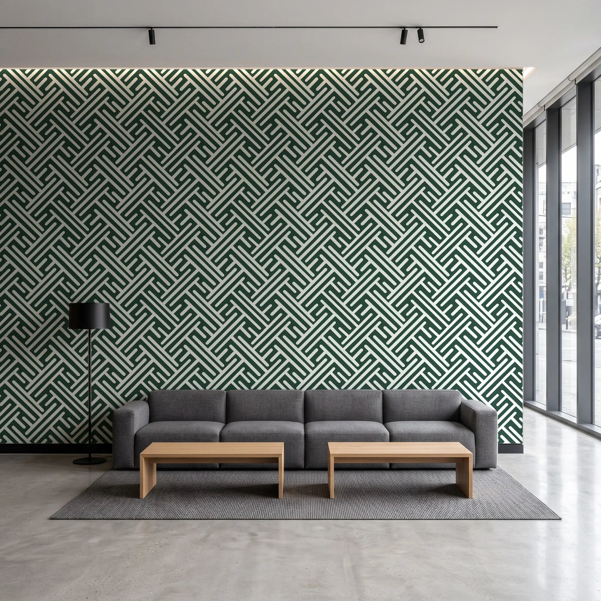 Still Labyrinth Pine maze geometric wallpaper in a contemporary commercial office lobby