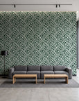 Still Labyrinth Pine maze geometric wallpaper in a contemporary commercial office lobby