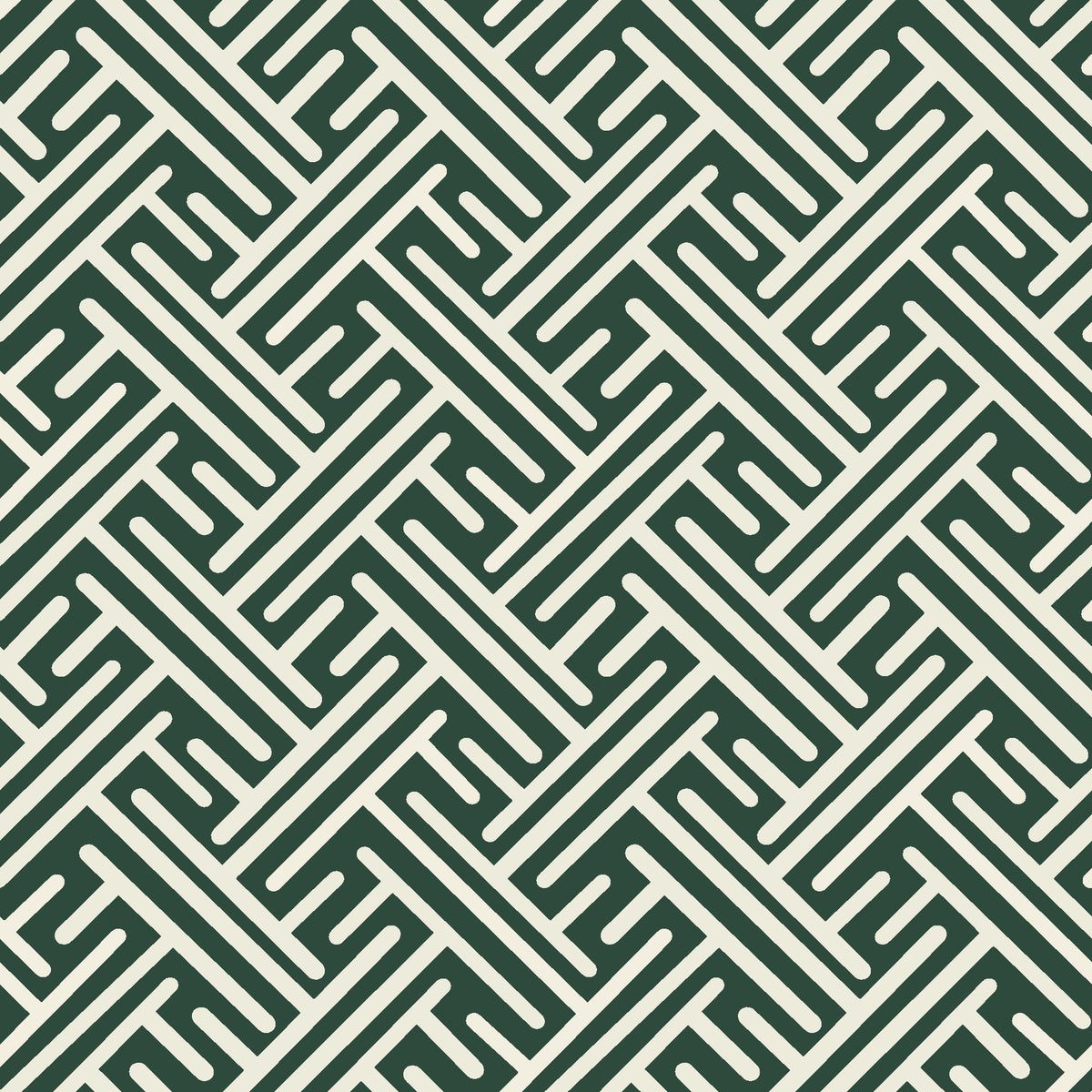 Still Labyrinth Pine maze geometric wallpaper in pine green and cream
