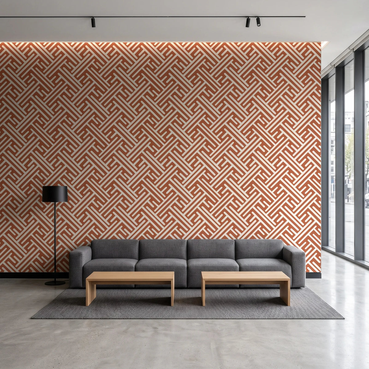 Still Labyrinth Terracotta maze geometric wallpaper in a contemporary commercial office lobby