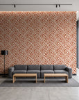 Still Labyrinth Terracotta maze geometric wallpaper in a contemporary commercial office lobby