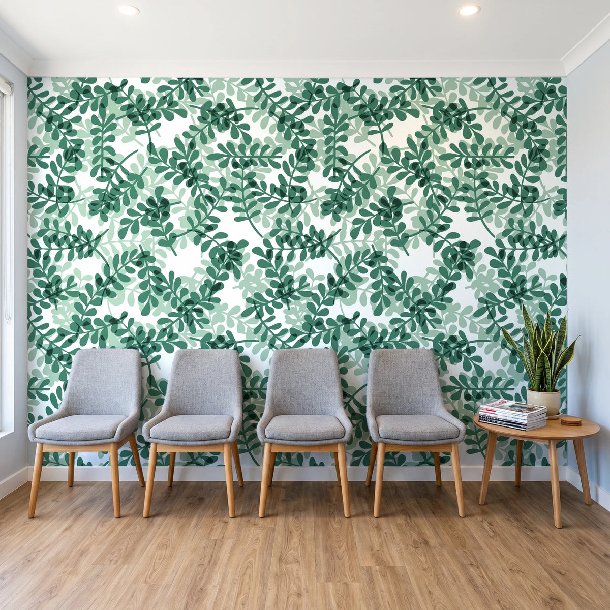 Still Morning Emerald foliage wallpaper behind a row of upholstered chairs in a bright clinic waiting room