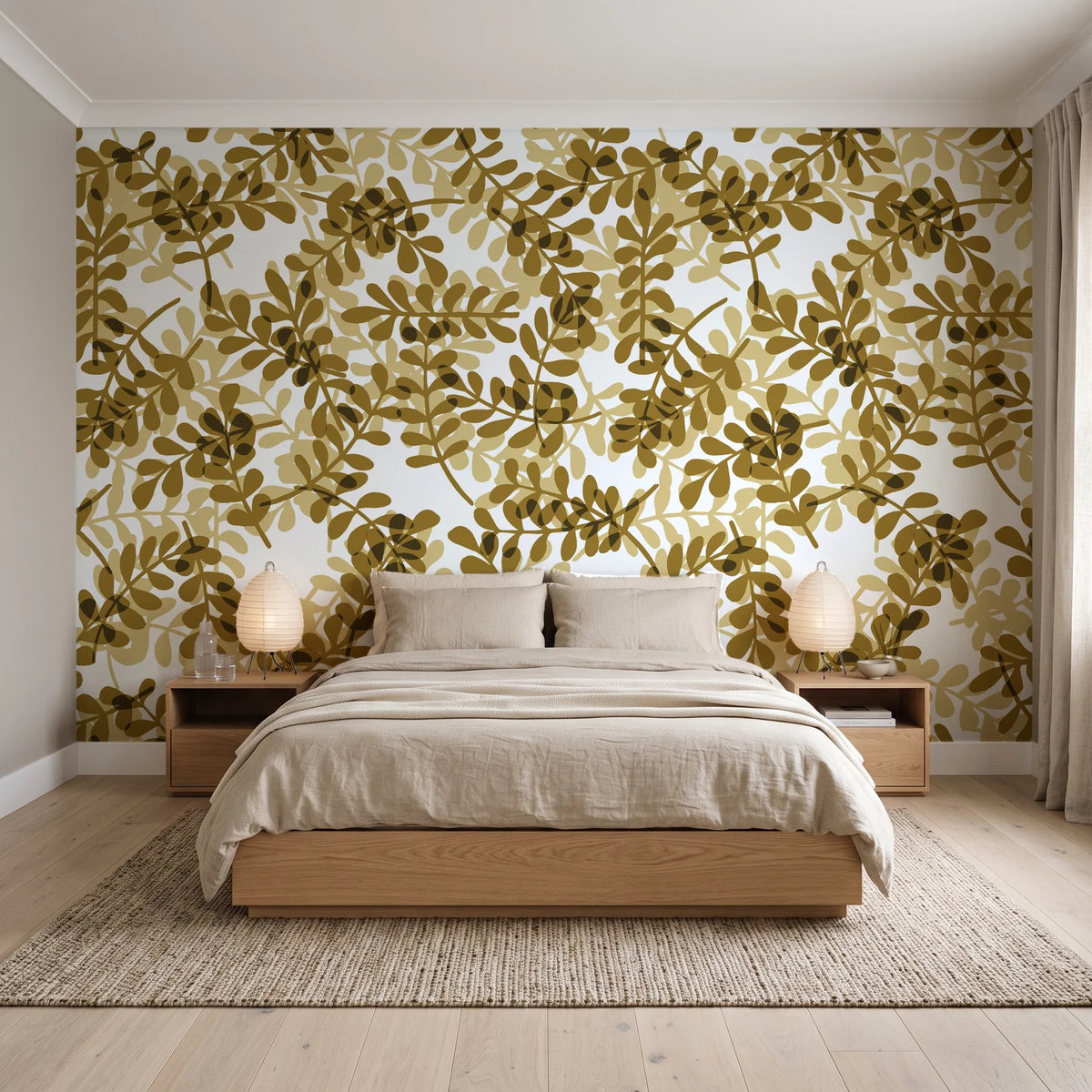 Still Morning Ochre foliage wallpaper behind a low platform bed in a serene Japandi bedroom
