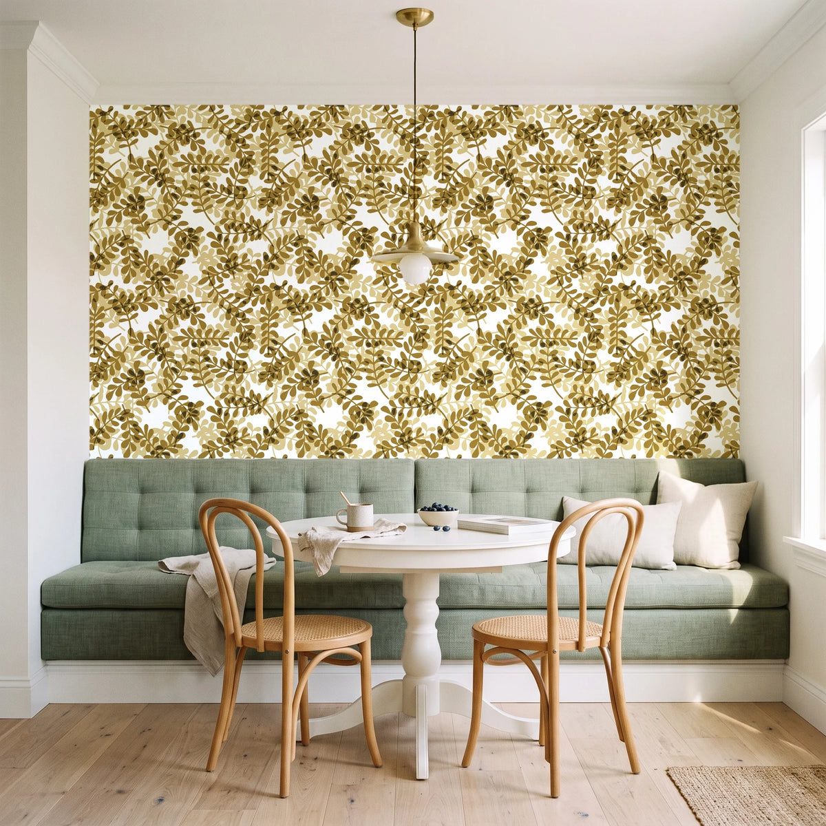 Still Morning Ochre foliage wallpaper as a feature wall in a sunlit breakfast nook