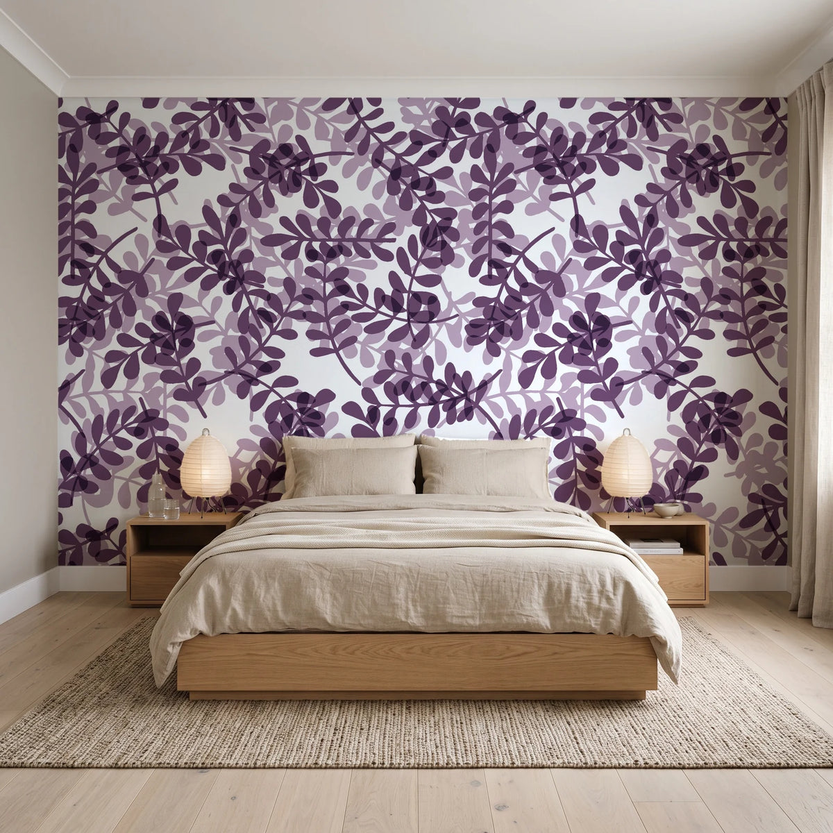 Still Morning Plum foliage wallpaper behind a low platform bed in a serene Japandi bedroom