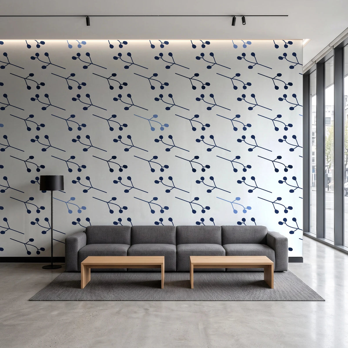 Stone Garden Navy sprig wallpaper in a contemporary commercial office lobby