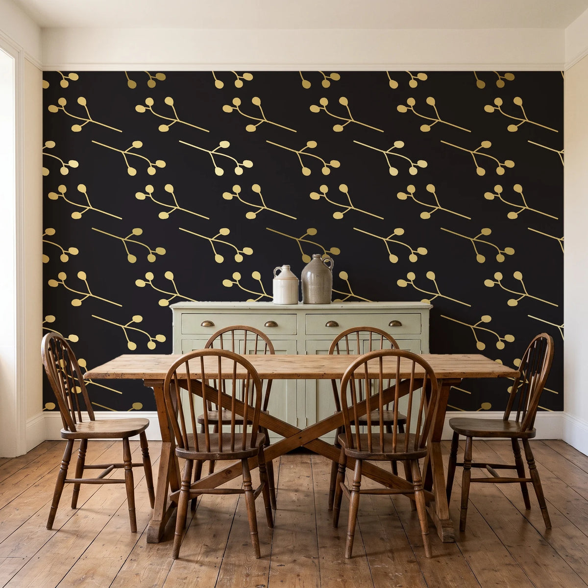 Stone Garden Noir sprig wallpaper in a farmhouse dining room with a sage sideboard and rustic trestle table