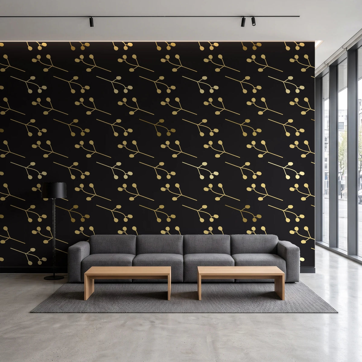 Stone Garden Noir sprig wallpaper in a contemporary commercial office lobby