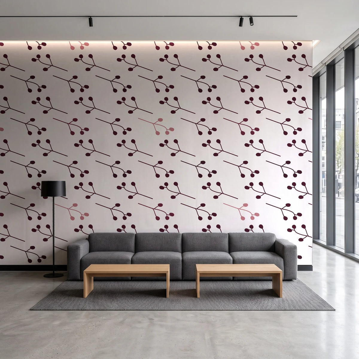 Stone Garden Oxblood sprig wallpaper in a contemporary commercial office lobby
