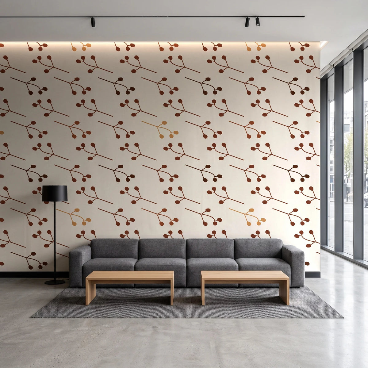 Stone Garden Terracotta sprig wallpaper in a contemporary commercial office lobby