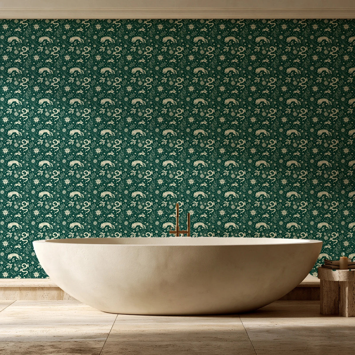 Sun & Moon Emerald celestial folk wallpaper creating ambiance in a serene spa bathroom
