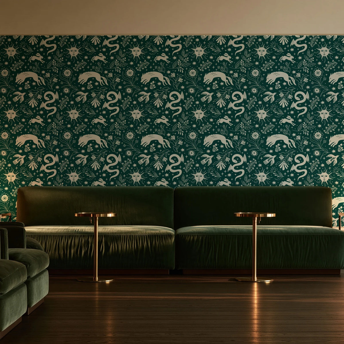 Sun & Moon Emerald celestial folk wallpaper in an intimate luxury cocktail lounge