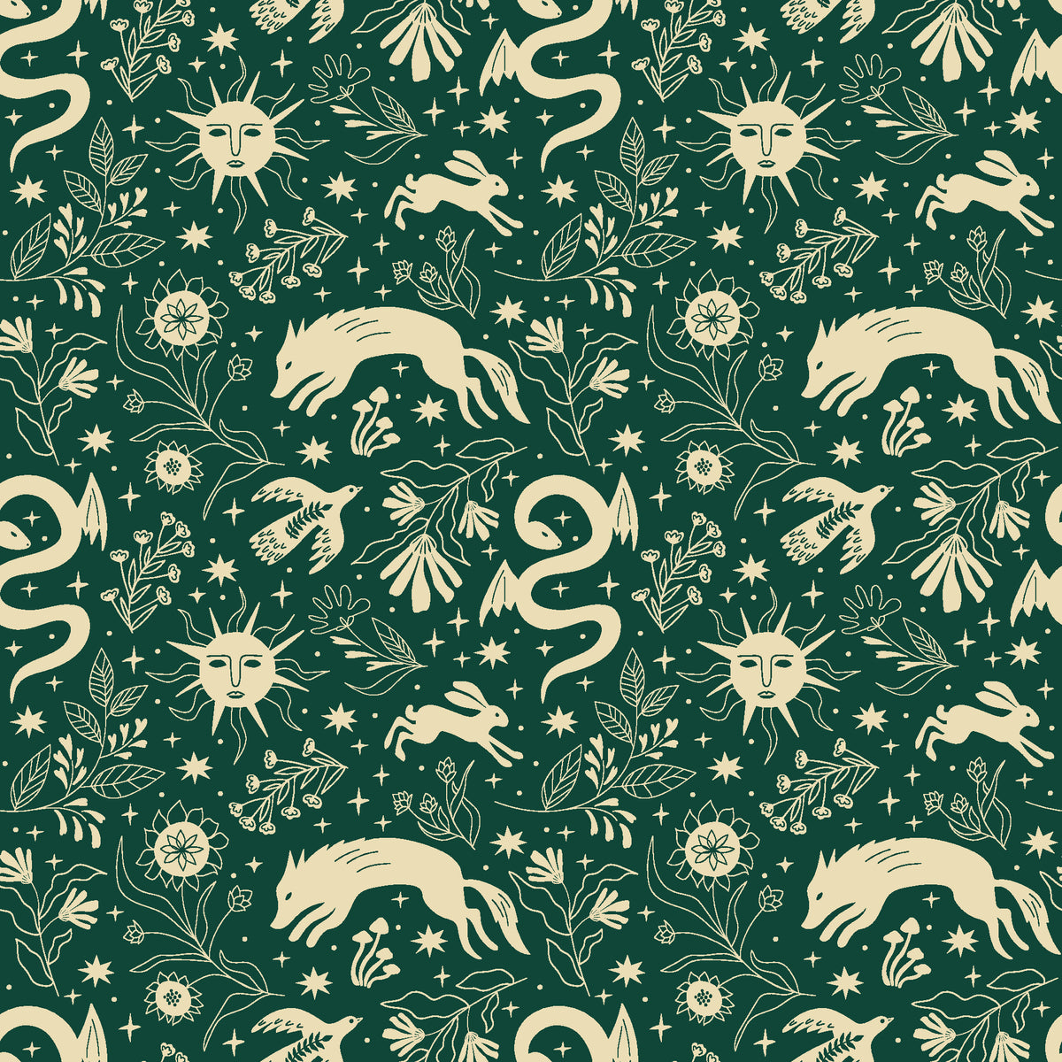 Sun & Moon Emerald celestial folk wallpaper in emerald and champagne