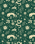 Sun & Moon Emerald celestial folk wallpaper in emerald and champagne