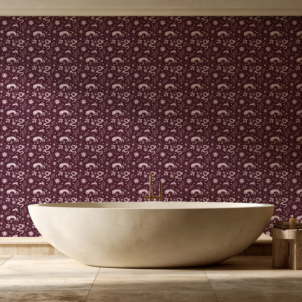 Sun & Moon Oxblood celestial folk wallpaper creating ambiance in a serene spa bathroom