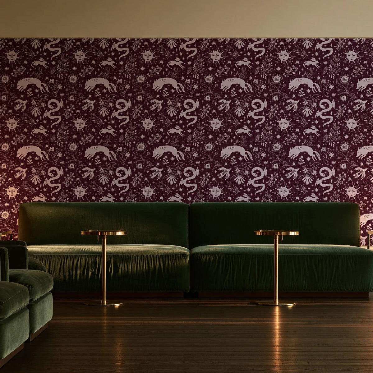 Sun & Moon Oxblood celestial folk wallpaper in an intimate luxury cocktail lounge