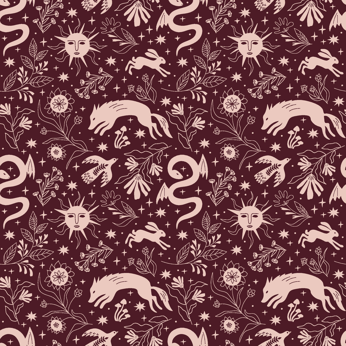 Sun & Moon Oxblood celestial folk wallpaper in oxblood and blush