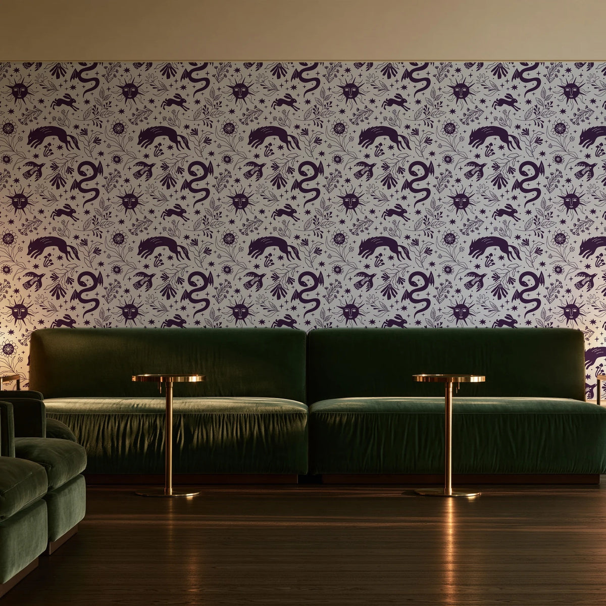 Sun & Moon Parchment celestial folk wallpaper in an intimate luxury cocktail lounge