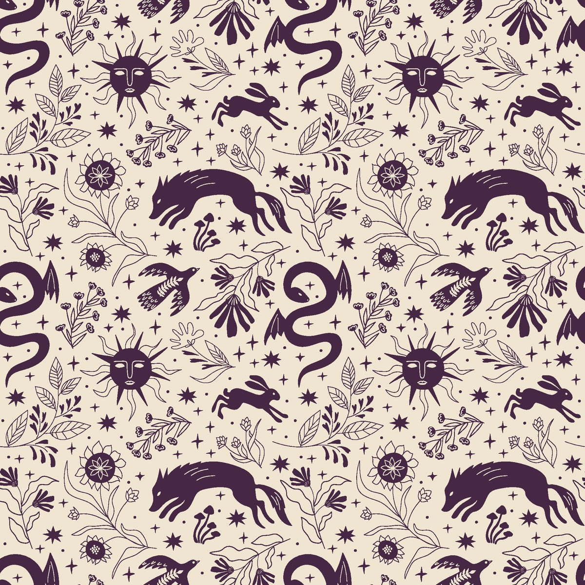 Sun & Moon Parchment celestial folk wallpaper in parchment and plum