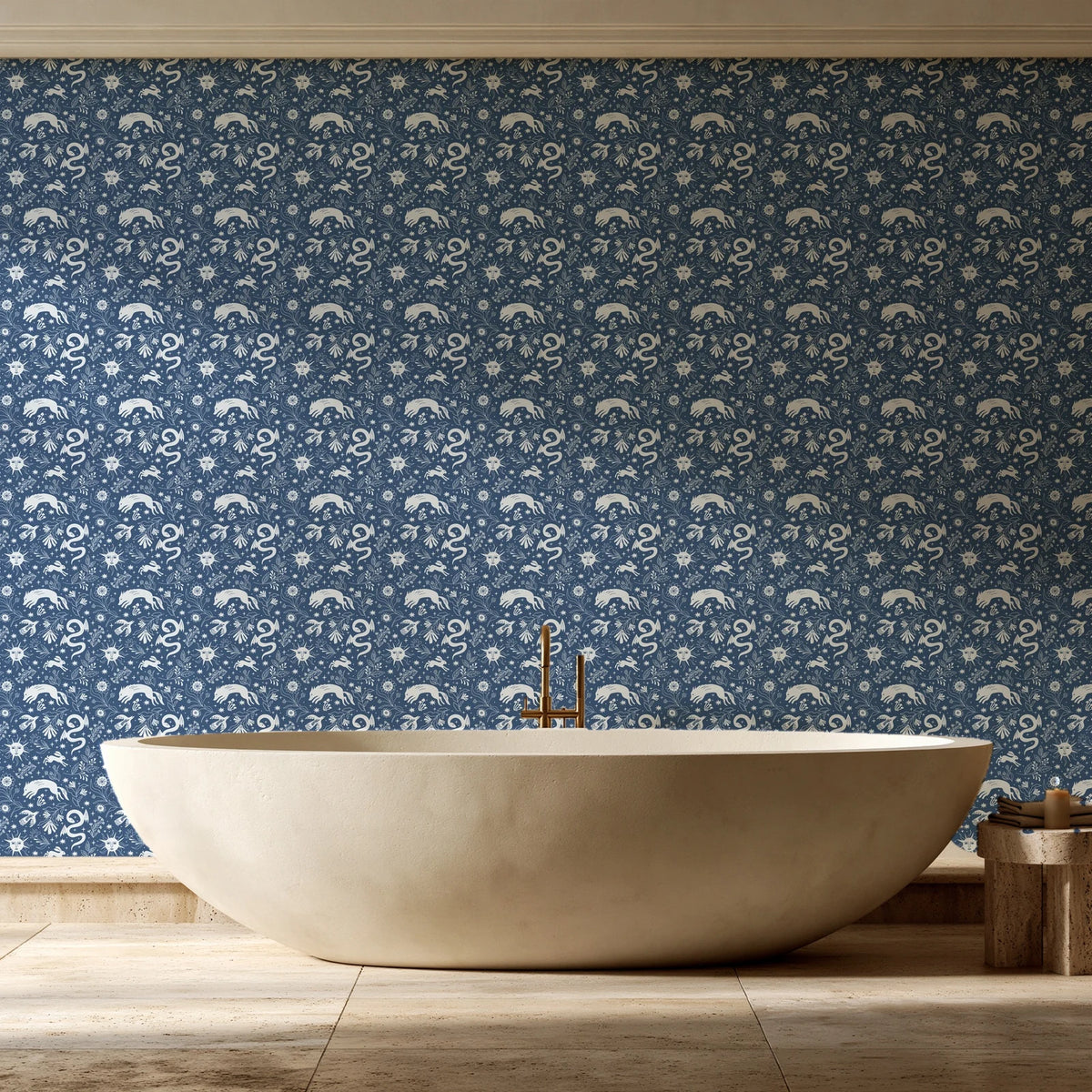 Sun & Moon Slate celestial folk wallpaper creating ambiance in a serene spa bathroom