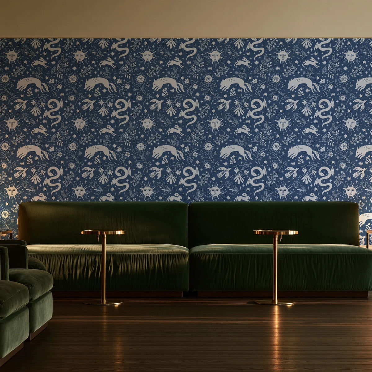 Sun & Moon Slate celestial folk wallpaper in an intimate luxury cocktail lounge