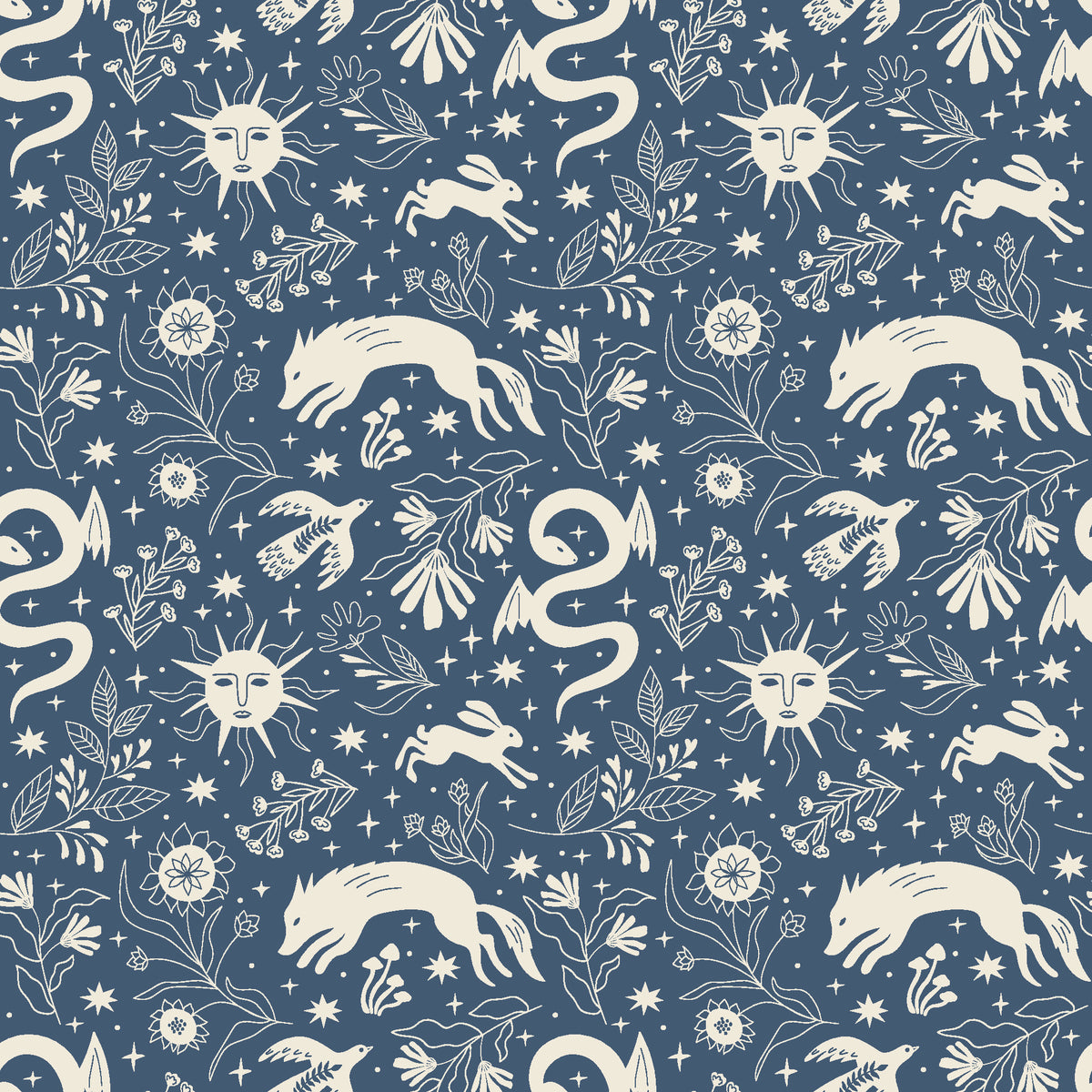 Sun & Moon Slate celestial folk wallpaper in slate blue and ivory