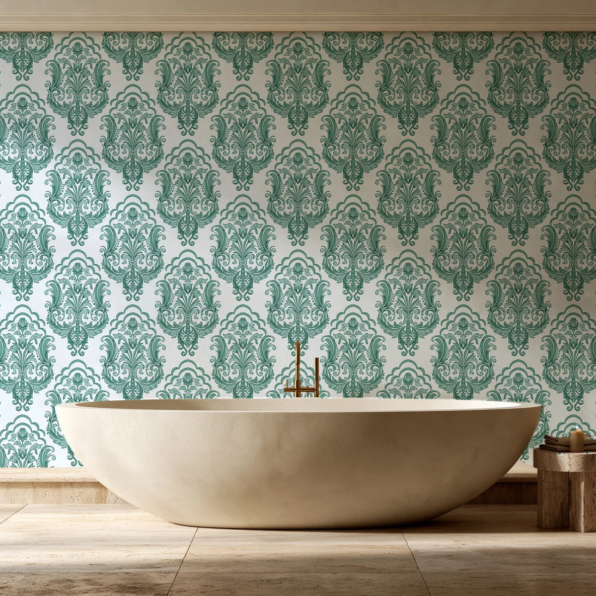 Sunlit Thicket Emerald damask wallpaper creating ambiance in a serene spa bathroom