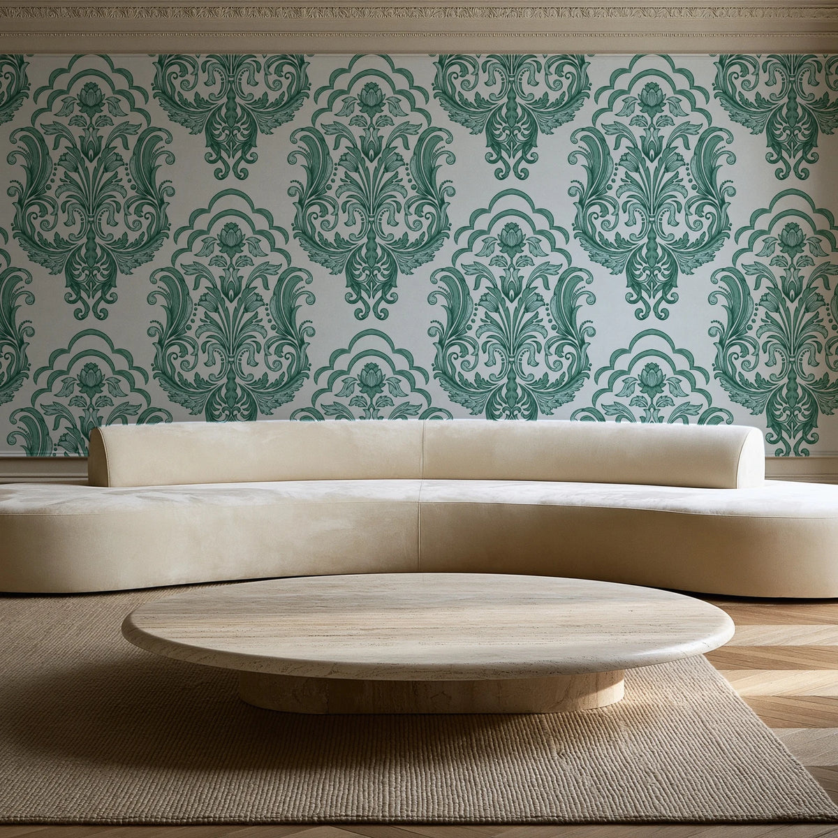 Sunlit Thicket Emerald damask wallpaper in an elegant living room