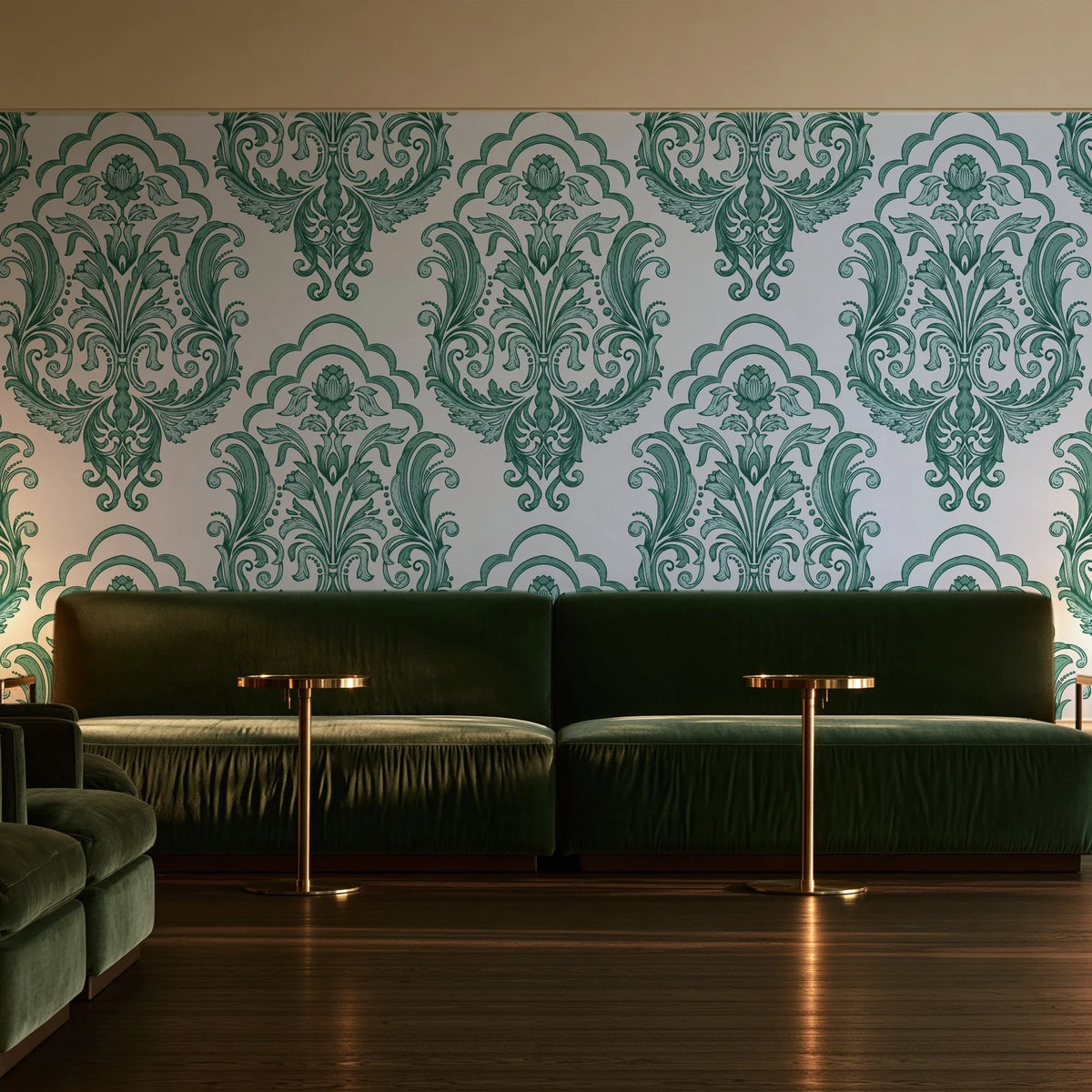 Sunlit Thicket Emerald damask wallpaper in an intimate luxury cocktail lounge