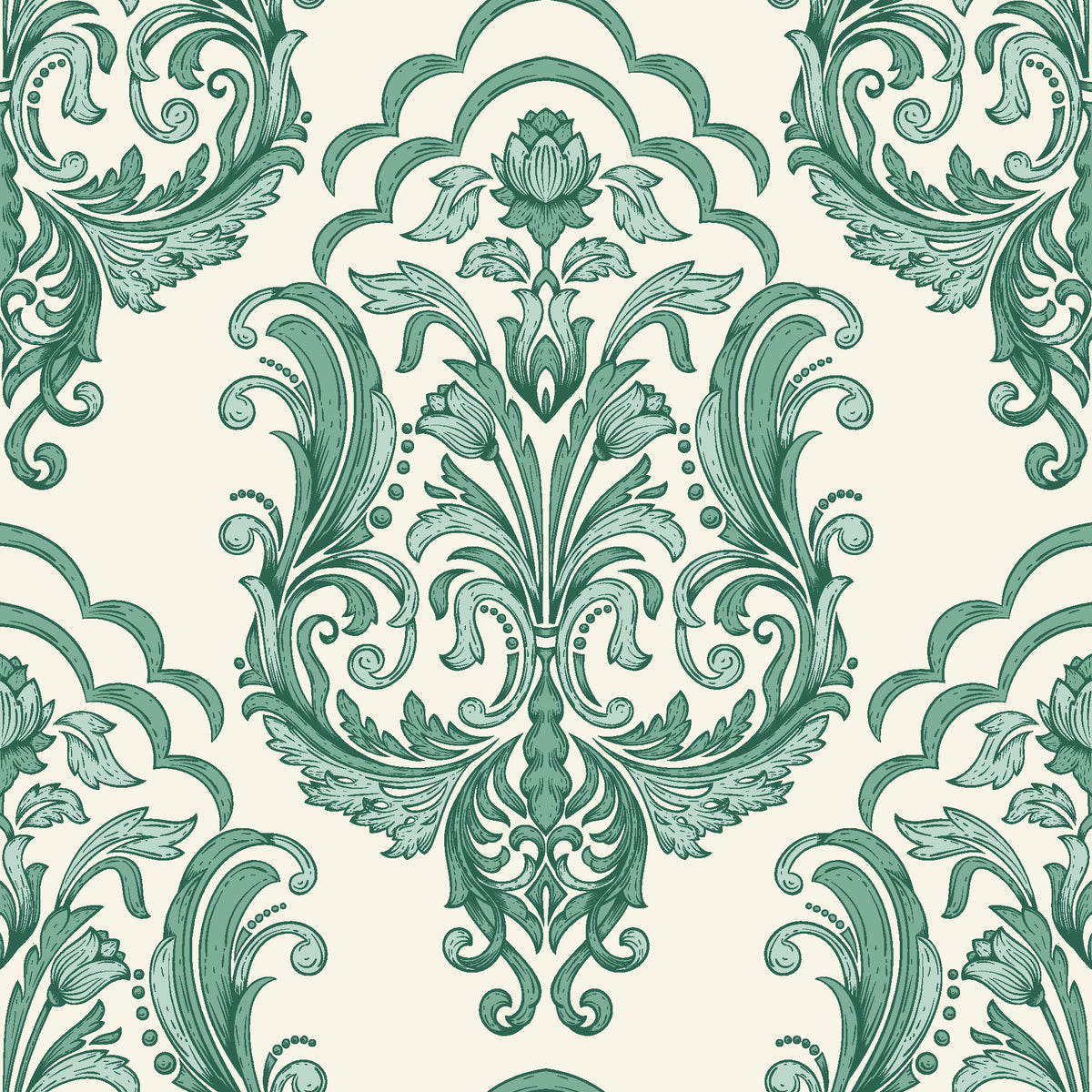 Sunlit Thicket Emerald damask wallpaper in emerald and ivory
