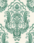 Sunlit Thicket Emerald damask wallpaper in emerald and ivory