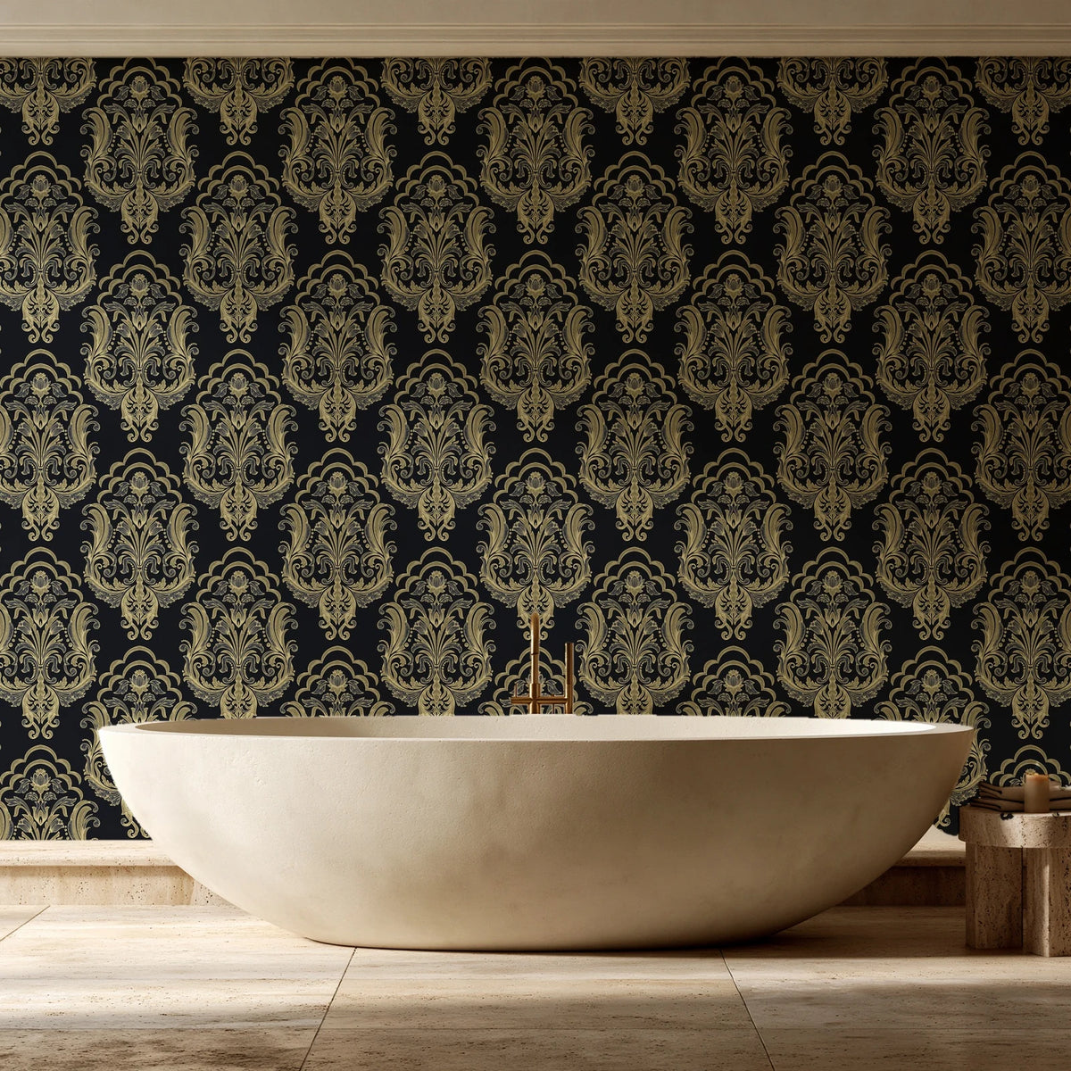 Sunlit Thicket Noir damask wallpaper creating ambiance in a serene spa bathroom