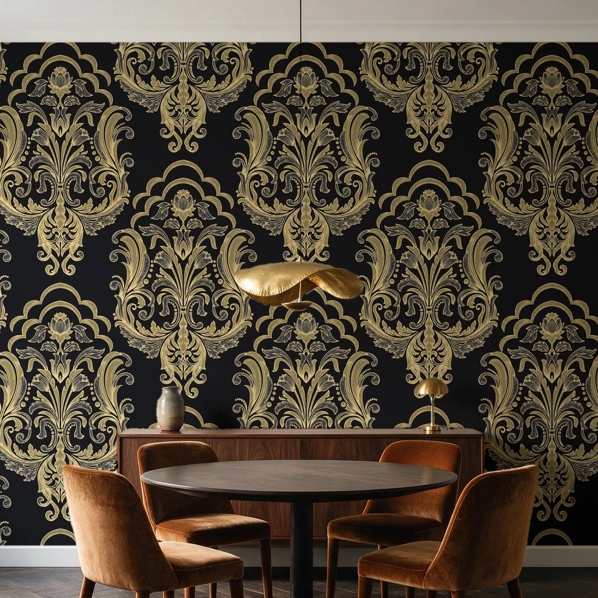 Sunlit Thicket Noir damask wallpaper behind a walnut credenza and round table in an elegant dining room