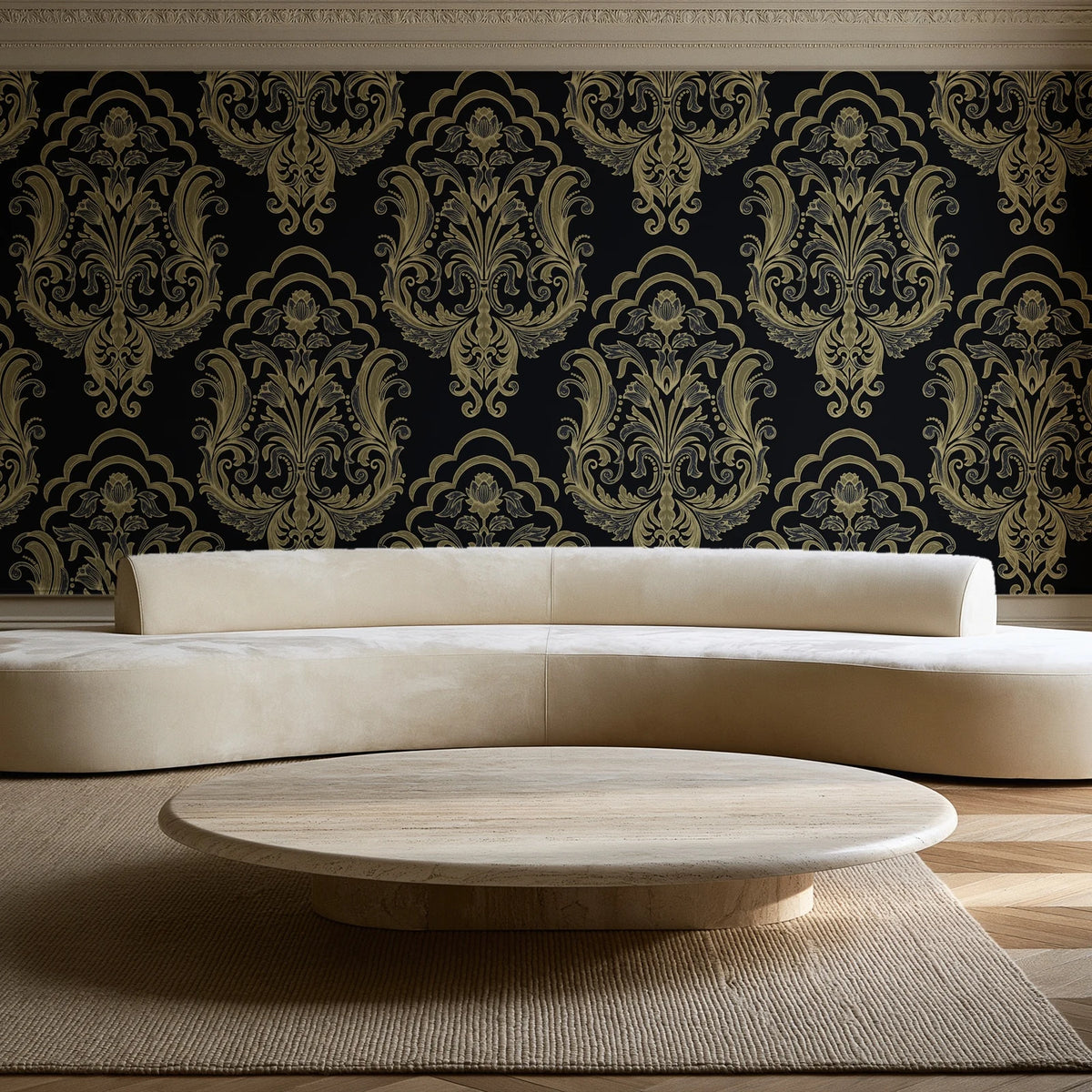Sunlit Thicket Noir damask wallpaper in an elegant living room