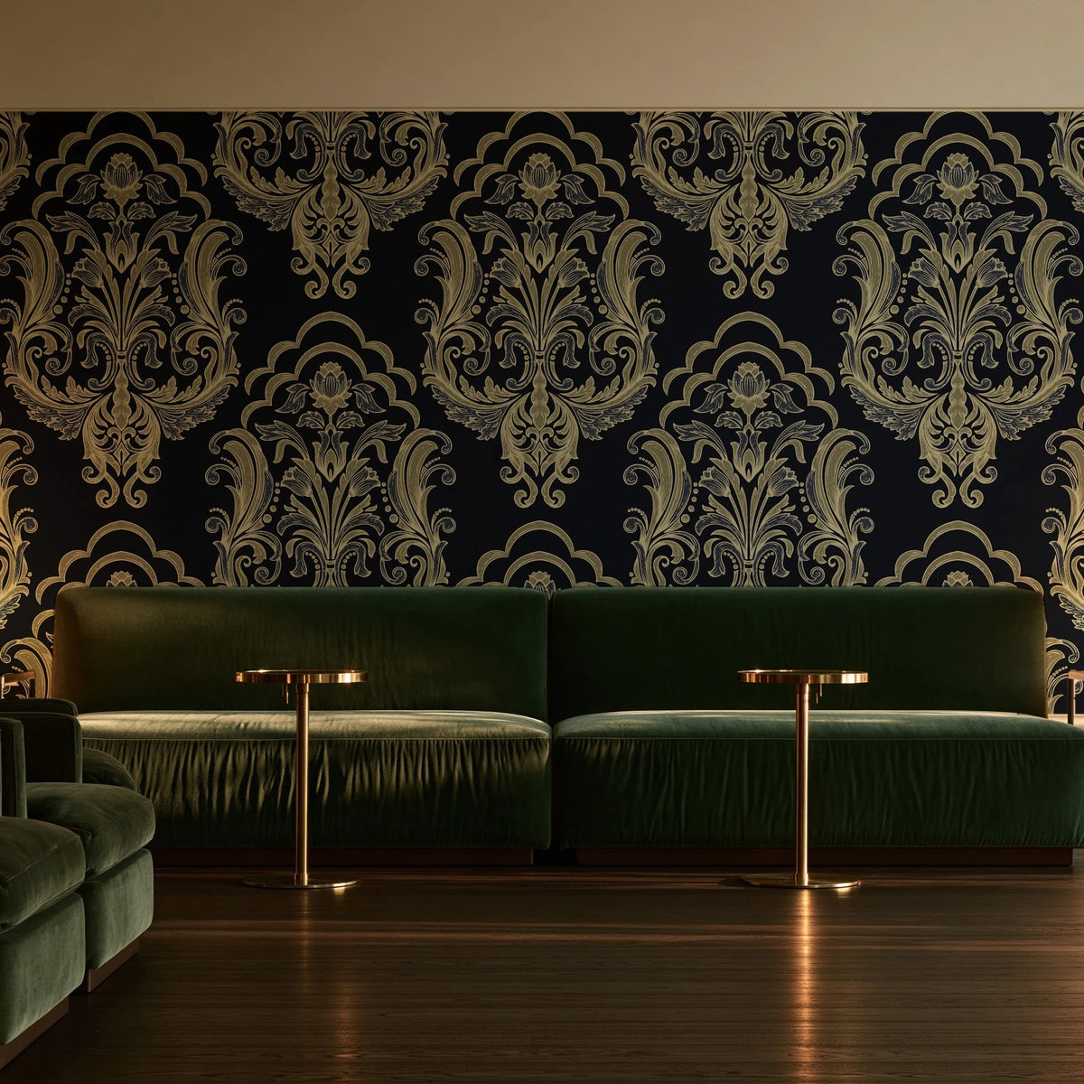 Sunlit Thicket Noir damask wallpaper in an intimate luxury cocktail lounge
