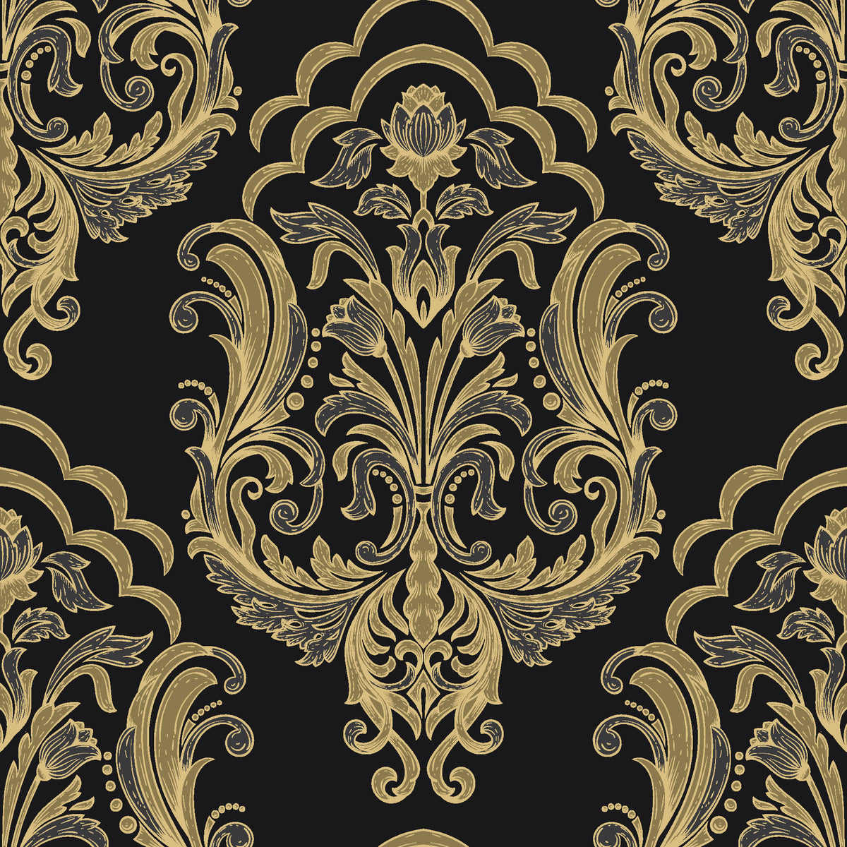 Sunlit Thicket Noir damask wallpaper in black and gold
