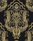 Sunlit Thicket Noir damask wallpaper in black and gold