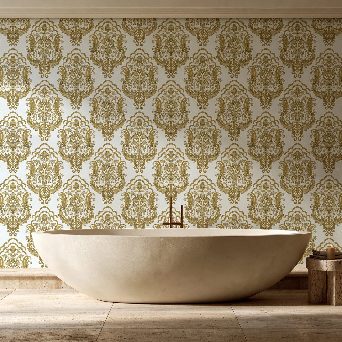 Sunlit Thicket Ochre damask wallpaper creating ambiance in a serene spa bathroom
