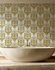 Sunlit Thicket Ochre damask wallpaper creating ambiance in a serene spa bathroom