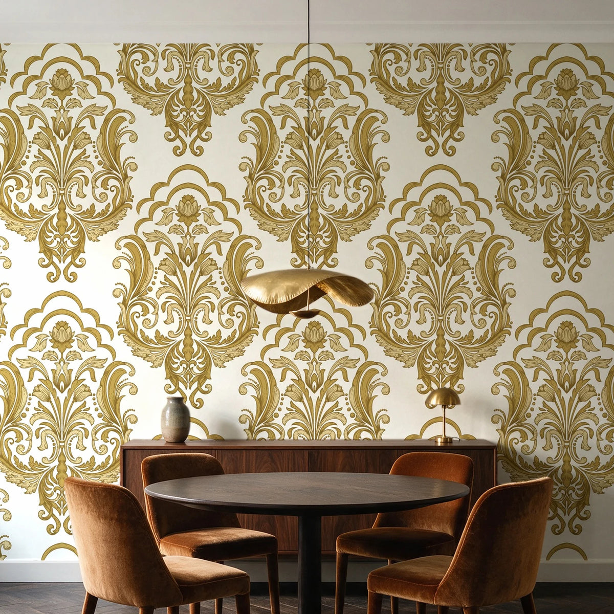 Sunlit Thicket Ochre damask wallpaper behind a walnut credenza and round table in an elegant dining room