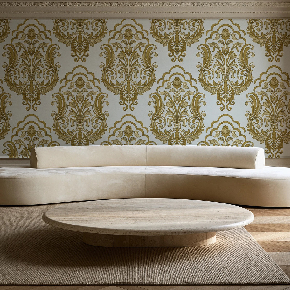 Sunlit Thicket Ochre damask wallpaper in an elegant living room