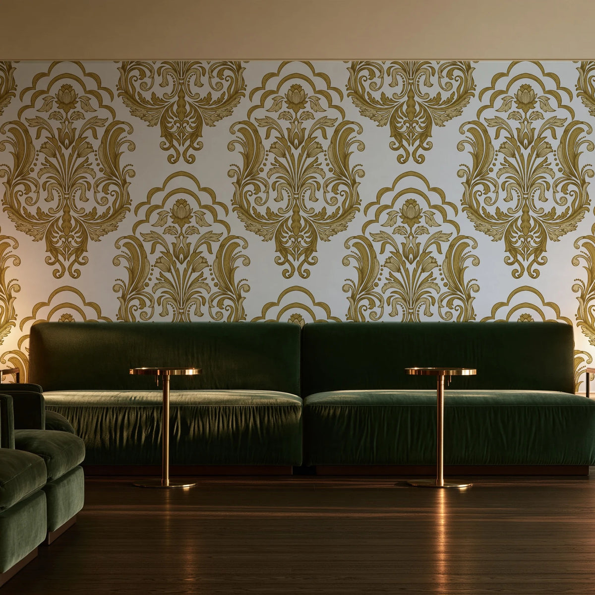 Sunlit Thicket Ochre damask wallpaper in an intimate luxury cocktail lounge
