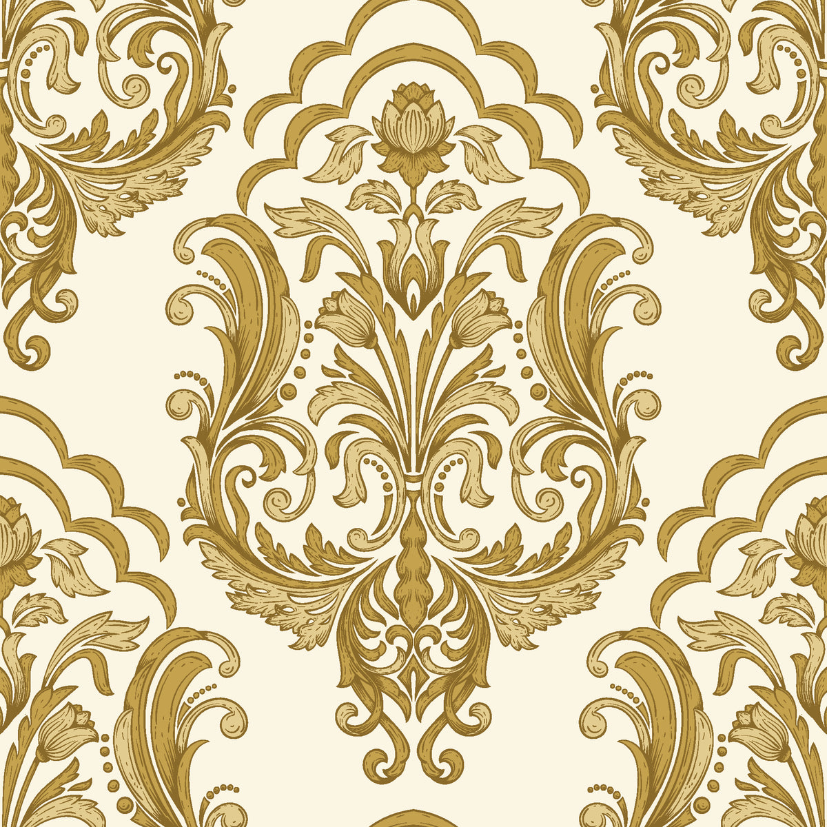 Sunlit Thicket Ochre damask wallpaper in ochre and cream
