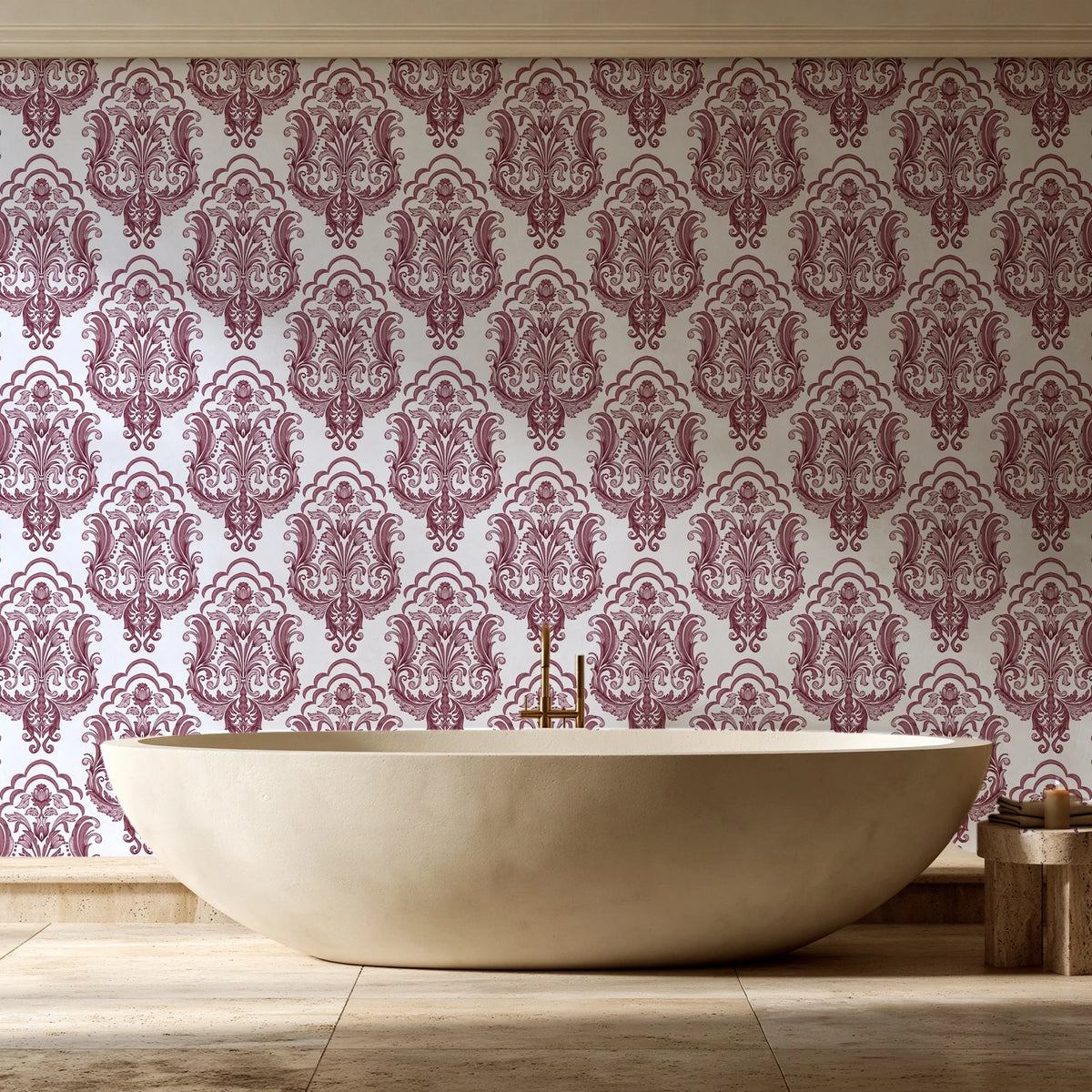 Sunlit Thicket Oxblood damask wallpaper creating ambiance in a serene spa bathroom